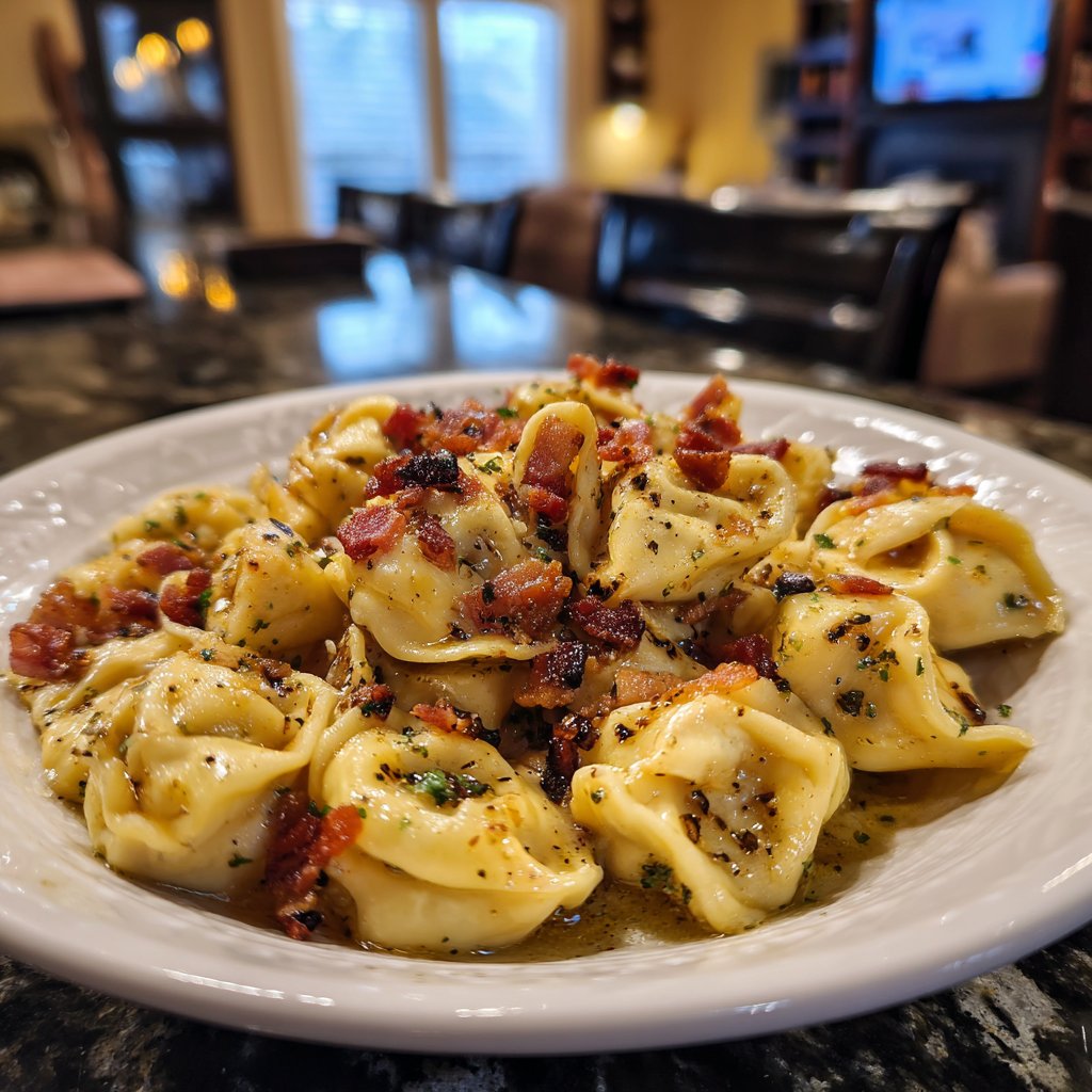 Zerbrochene Knoblauch-Steak-Tortellini mit Speck
