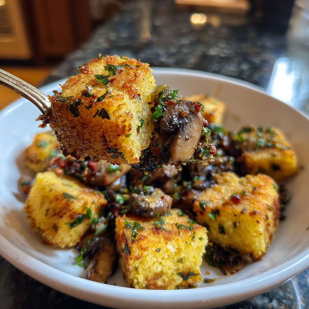 Gebratene Polenta-Würfel mit Pilzragout