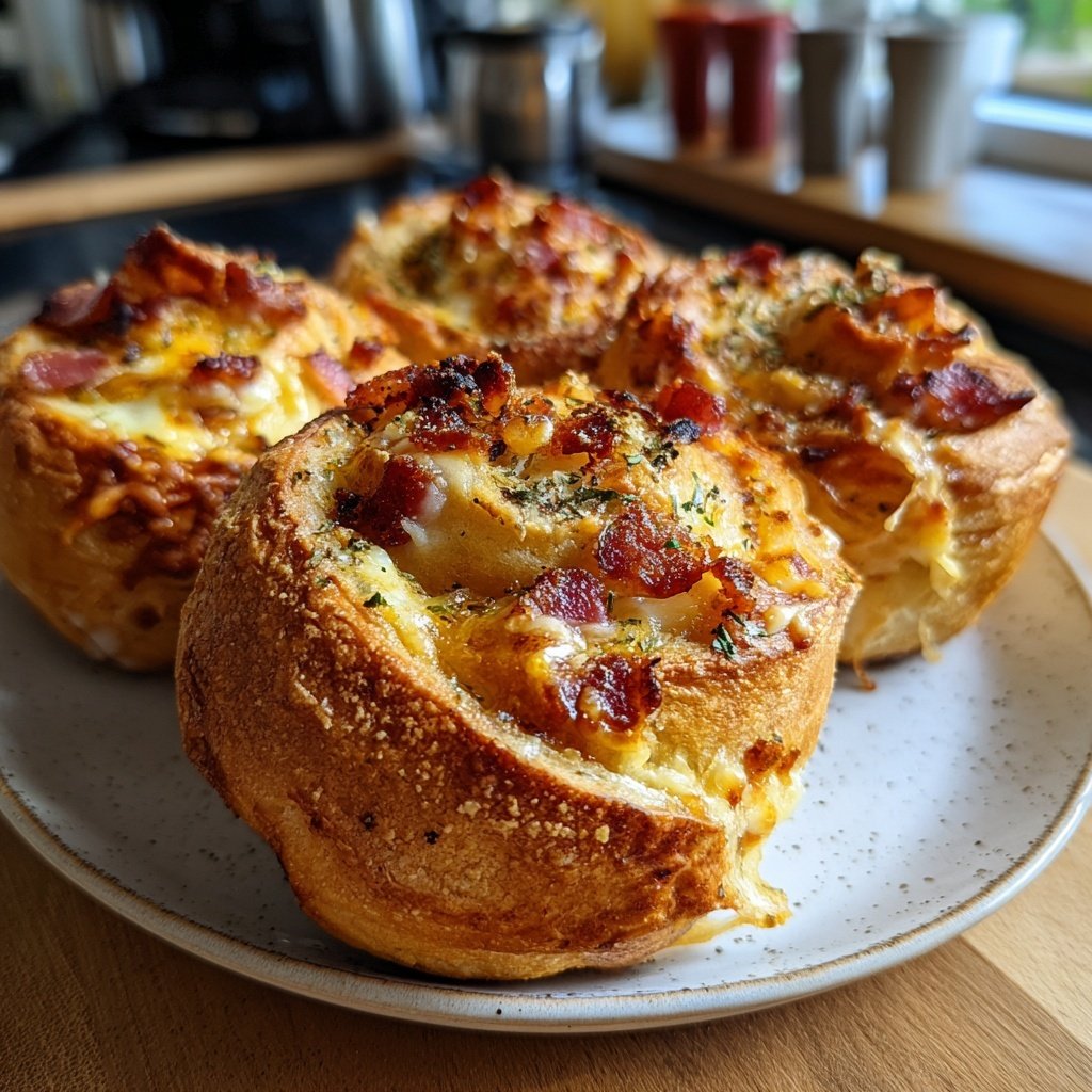 Frühstücksrollen mit Rührei, Käse und Speck